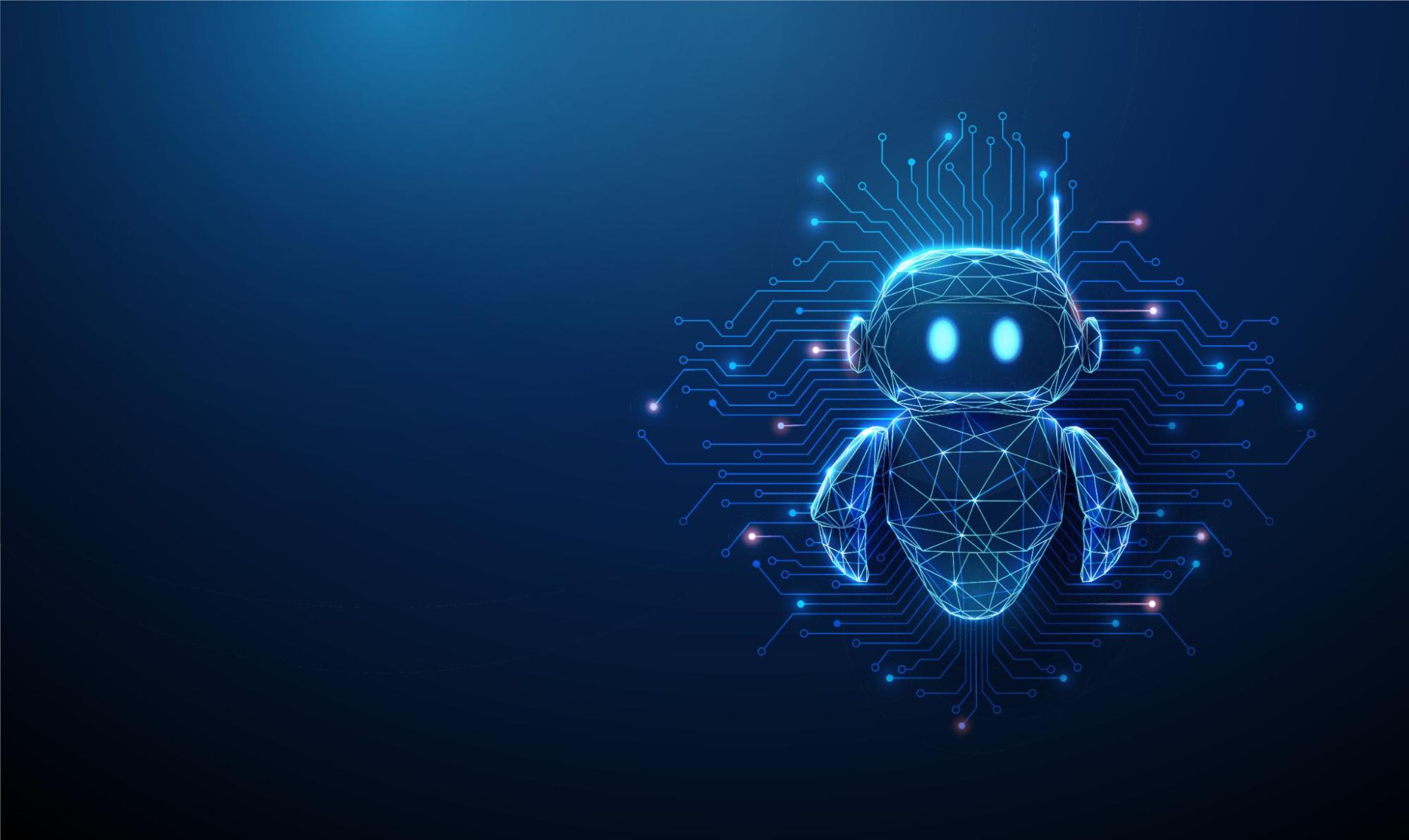 3d cute robot with microchip circuit lines. Intelligent system architecture, neural network structure, machine learning processes, smart technology integration concept.